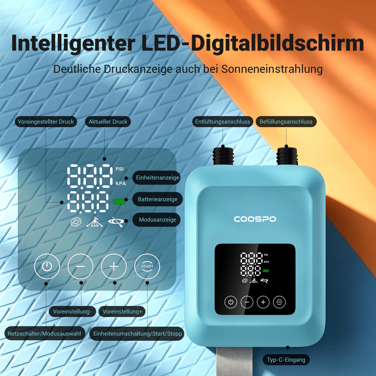 CooSpo Elektrische SUP-Luftpumpe, 20 PSI Hochdruck-Elektropumpe, mit wiederaufladbarem Akku (59,2/44.4 Wh), geräuscharm, Zwei Aufpumpmodi für Kajaks und Paddleboards