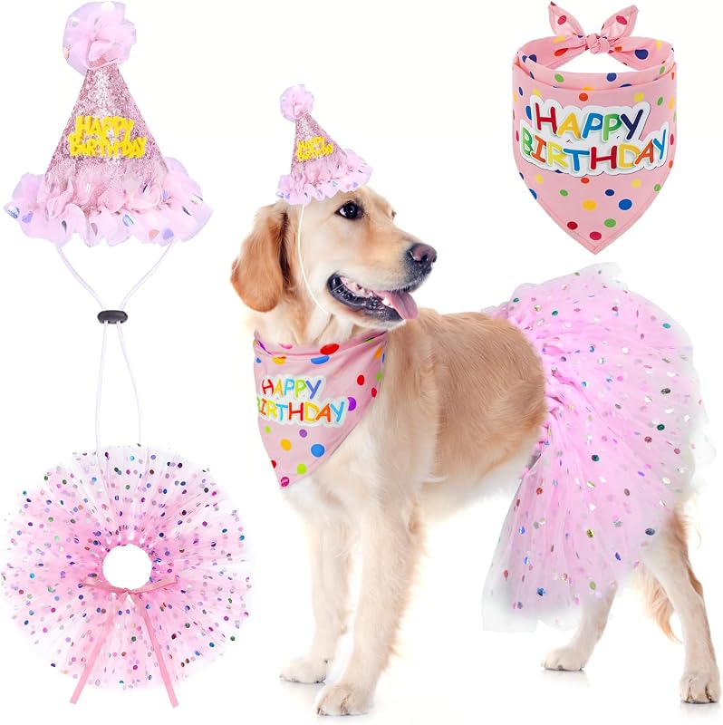 Kit Festa de Aniversário para Cães SCENEREAL com Bandana, Chapéu e Saia Rosa – Tamanho Grande