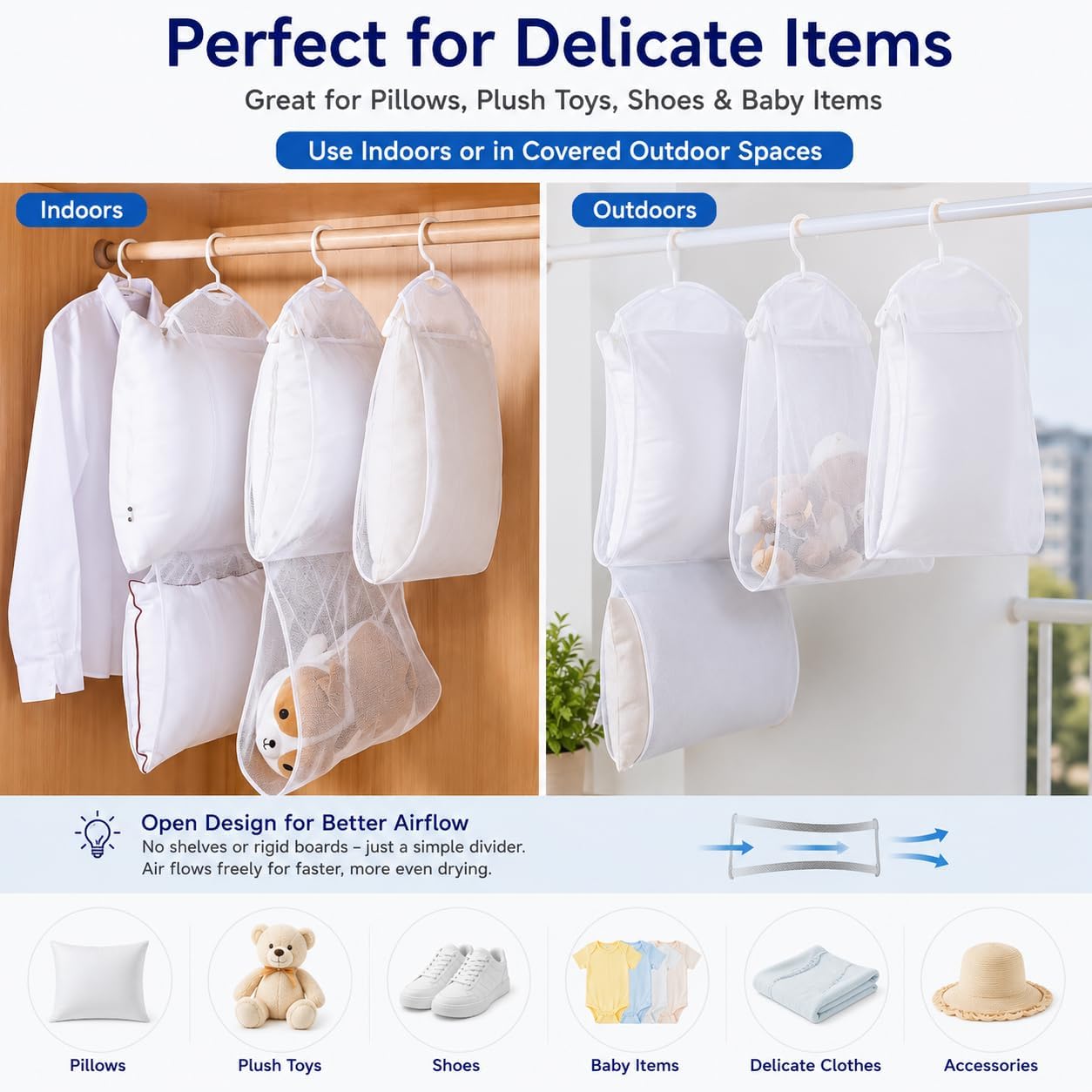 Mesh Pillow Drying Rack 4 Pack Hanging Dryer Net Bags for Stuffed Animals Plush Toys Pillows Sweaters Laundry Air Drying (2Layer/4pack)