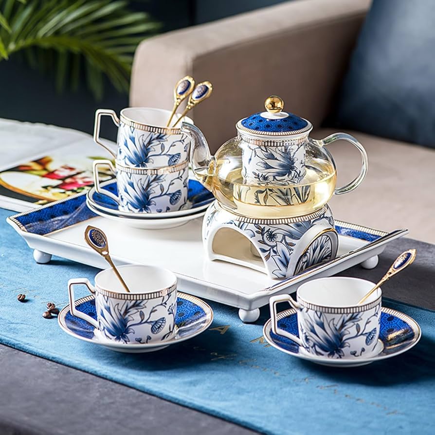 Amazon.co.jp: ファインボーンチャイナティーセット、ブルー&ホワイト