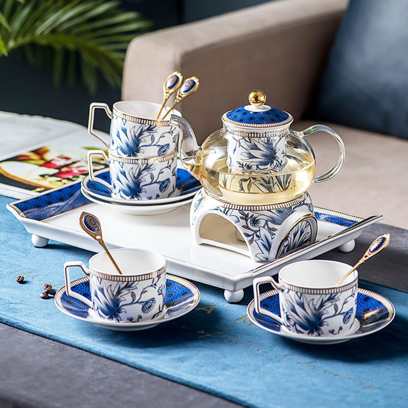 Amazon.co.jp: ファインボーンチャイナティーセット、ブルー&ホワイト