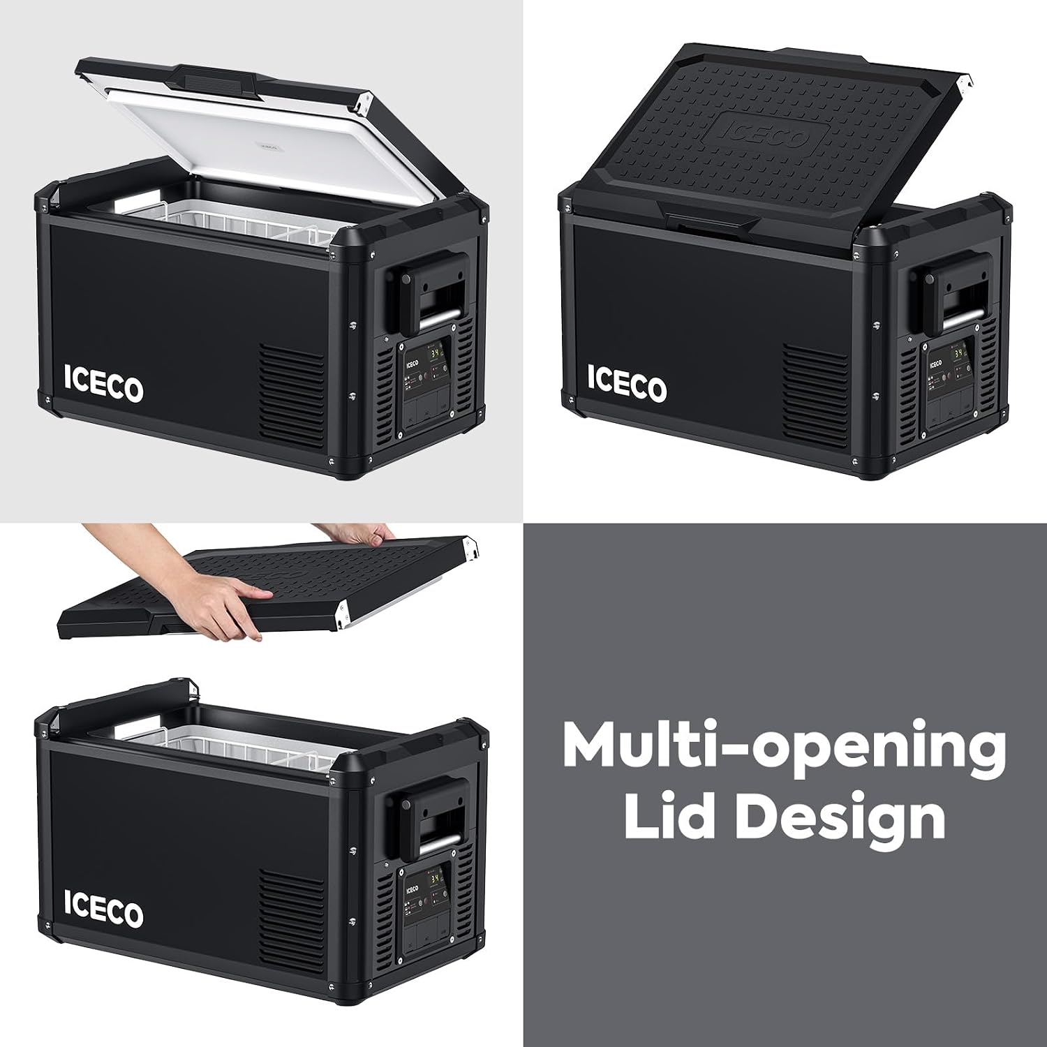 Four images demonstrating the multi-opening lid design of the ICECO VL35 ProS.