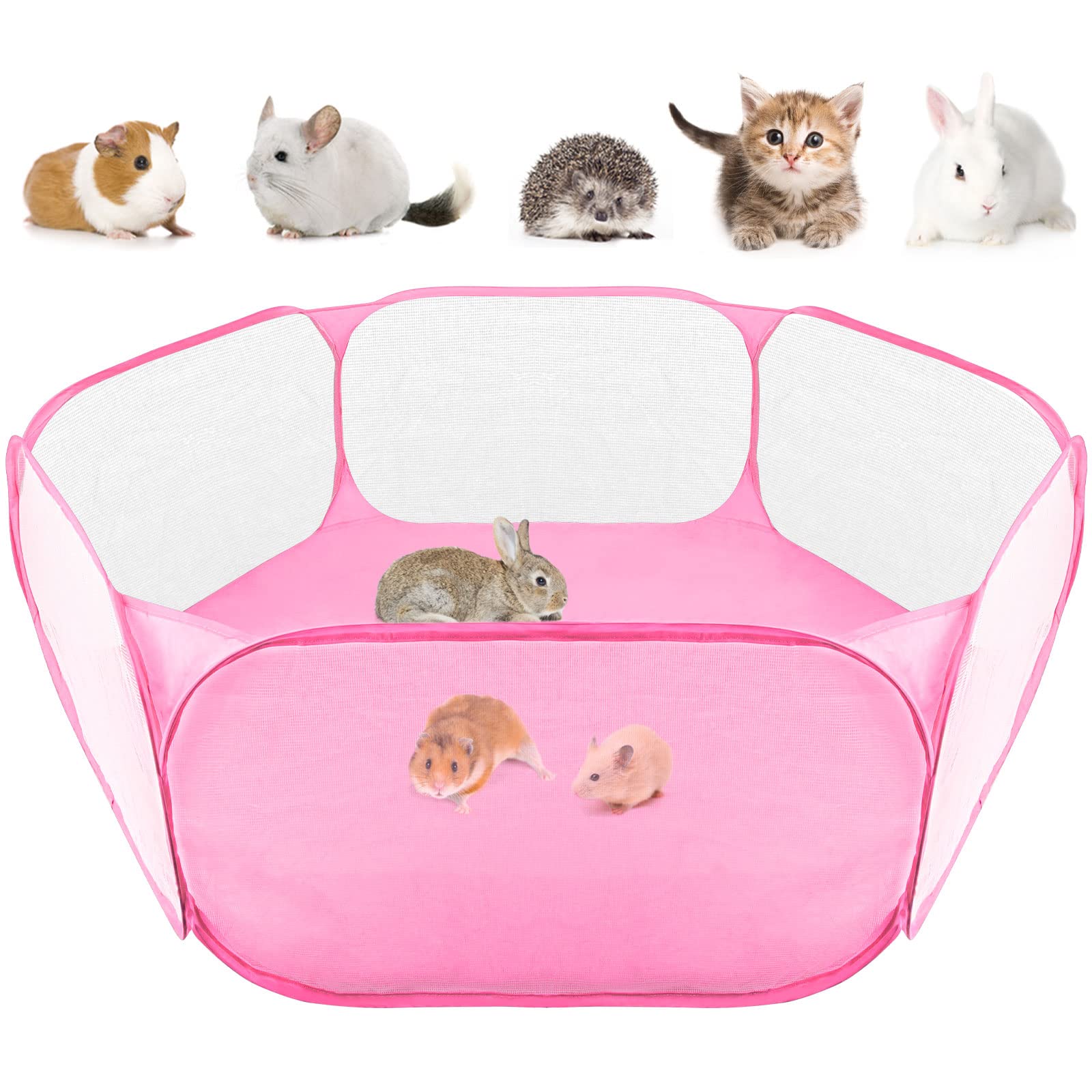 RANYPET Kleintier-Laufstall Faltbar und Tragbar Kleintierkäfig Atmungsaktiver Transparenter Übungszaun für Meerschweinchen Hase Kaninchen Hamster Chinchillas und Igel - Rosa
