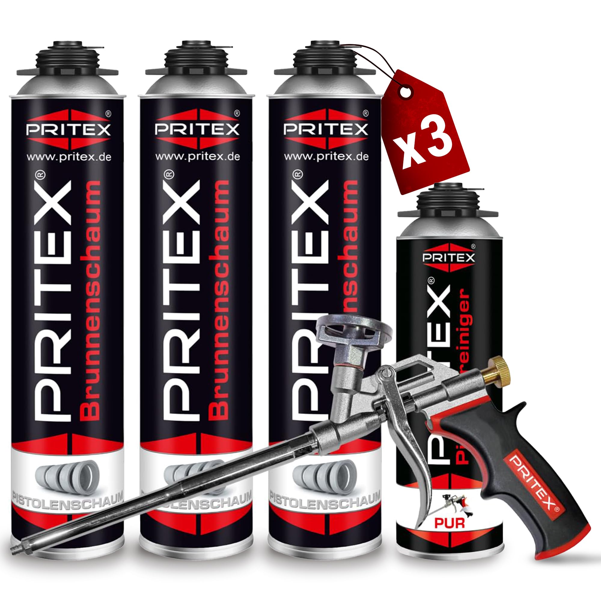 PRITEX – Brunnenschaum Set 3 x 750 ml Pistolenschaum inkl. Pistolenreiniger 500 ml Schaumpistole – Bauschaum zur Montage von Brunnenschachtringen & Rohrelementen