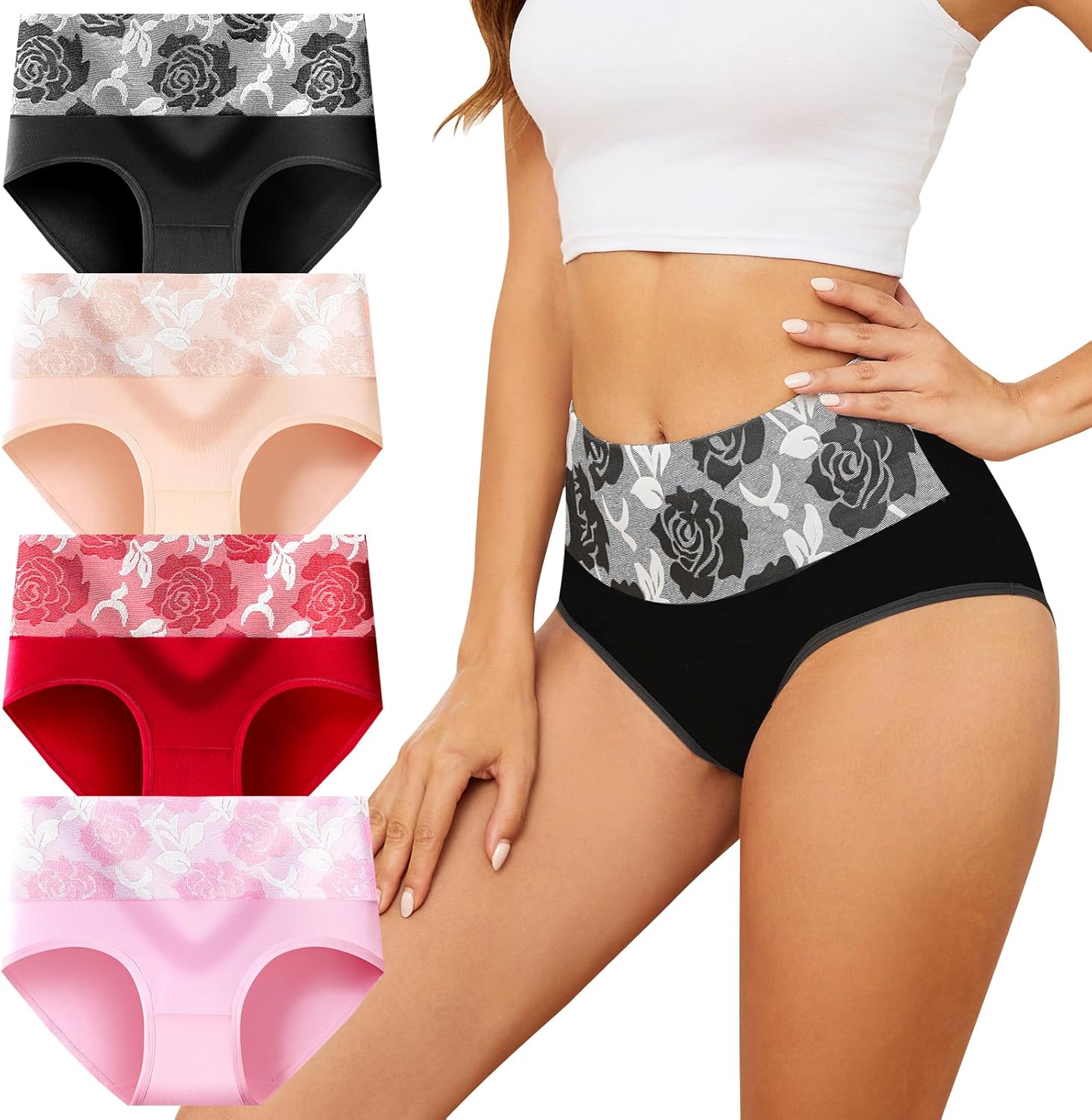 Womens Underwear Cotton Tummy Control High Waisted Underwear Soft Breathable Full Coverage Panties Multipack