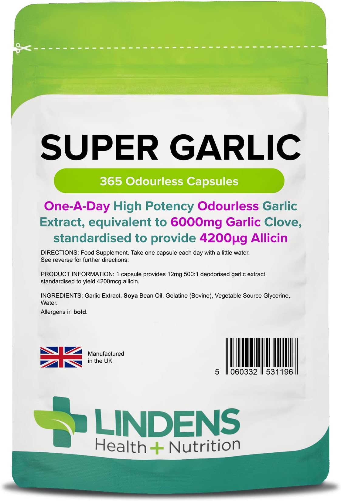Lindens Super Garlic, 365 Odourless Capsules - High Strength 6000mg (4200mcg Allicin) - Contributes to Normal Muscle Function, Heart and Immune Health - UK Made, Letterbox Friendly
