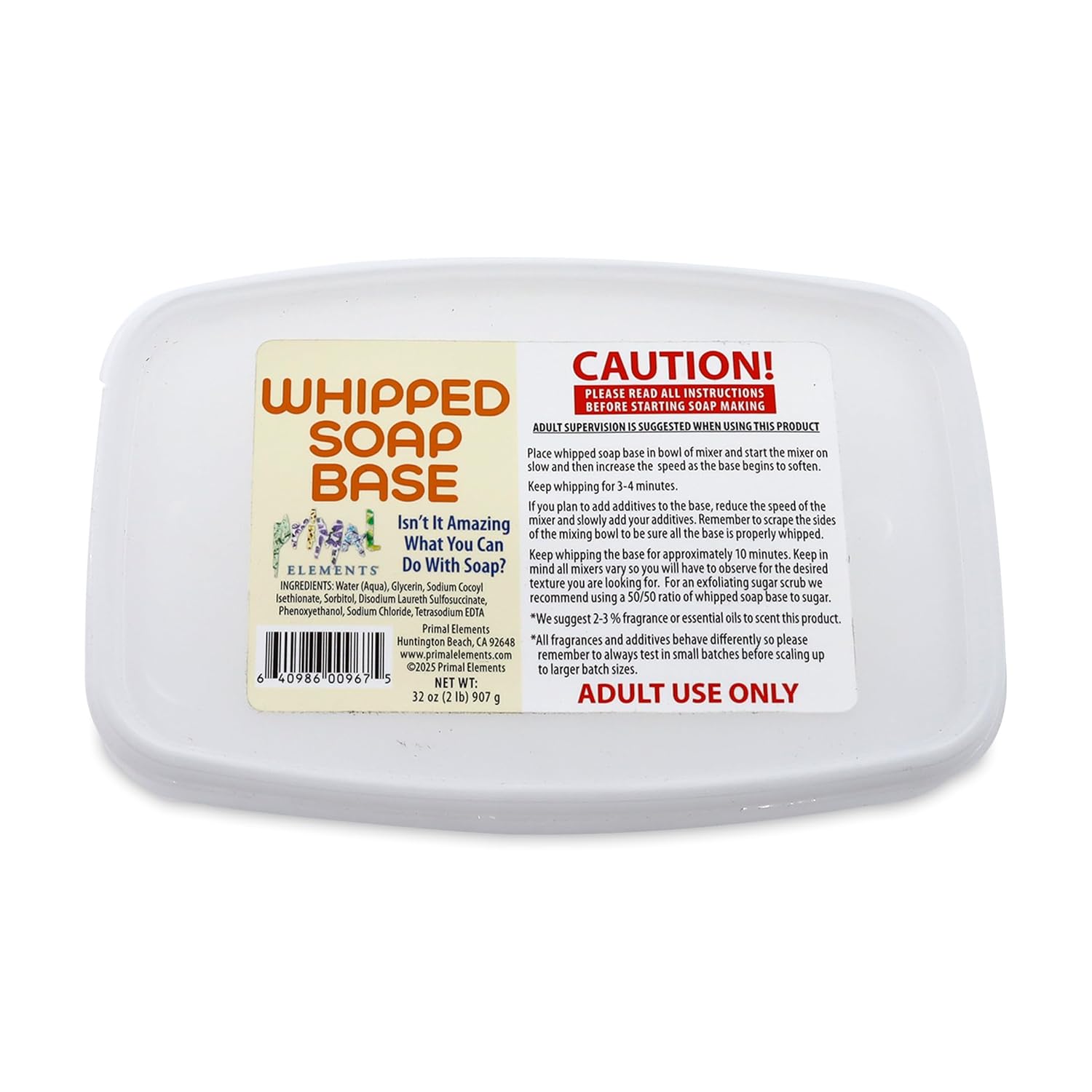 Primal Elements Whipped Soap Base - Moisturizing Glycerin SoapBase for Crafting and Soft Soap Making - 2 Pound