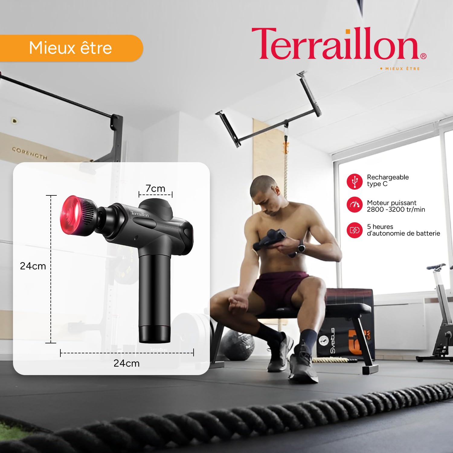 TERRAILLON - GUN MASSAGER EXPERT - Pistolet de massage Multizones, 20 vitesses 2800-3200 RPM, Ecran digital, Minuteur intégré, 5 embouts silicone dont 1 chaud-froid, USB-C, Etui inclus, Noir