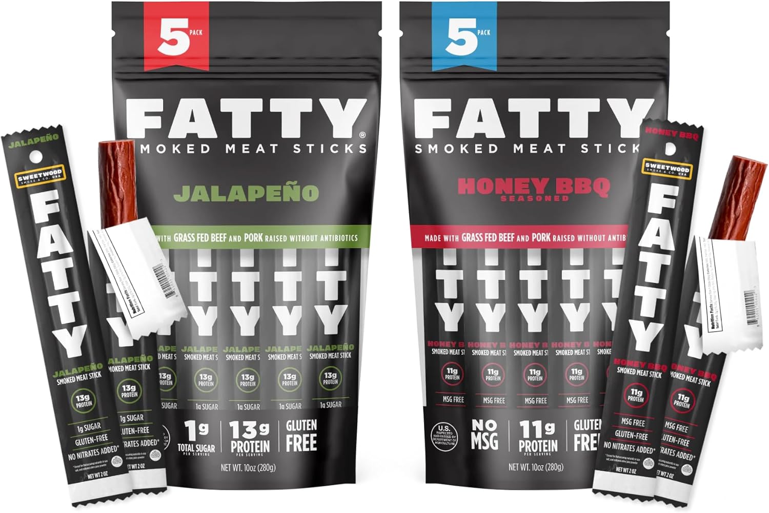 FATTY Variety Pack Meat Sticks, Gift For Him, Grass-Fed Beef, High Protein Snack, Low Carb, Gluten Free, MSG Free, Nitrate Free, 2 Ounce Honey BBQ Flavor (5-pack), 2 Ounce Jalapeno Flavor (5-Pack)