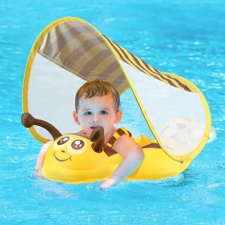Free Swimming Baby Inflatable Baby Swimming Float with Safe Bottom Support and Retractable Fabric Canopy for Safer Swims (Yellow, Large)