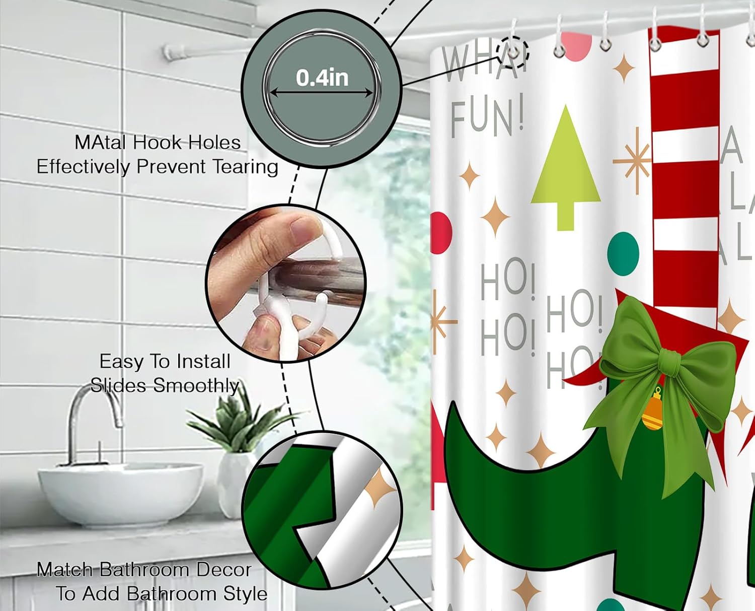 Christmas Elf Shower Curtain Red Green Elf Legs Funny Quotes Cartoon Creative Merry Christmas Winter Holiday Bathroom Decor Fabric Curtain with Hooks