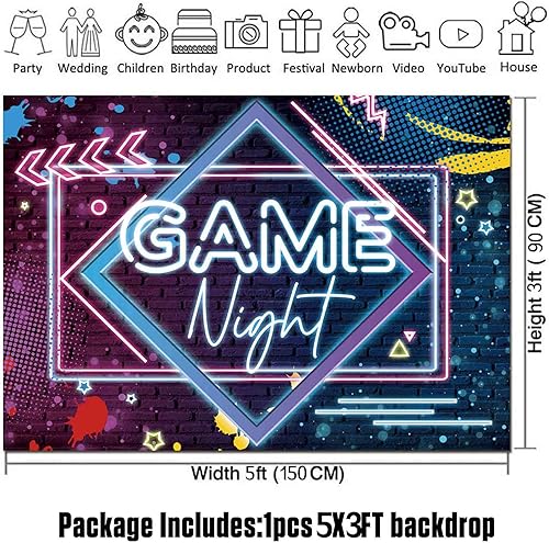 Miniatura 5 de Telones de fondo de fotografía de neón brillante de 5 x 3 pies para juego en decoración de fiesta de cumpleaños, fiesta de pijamas, fiesta de