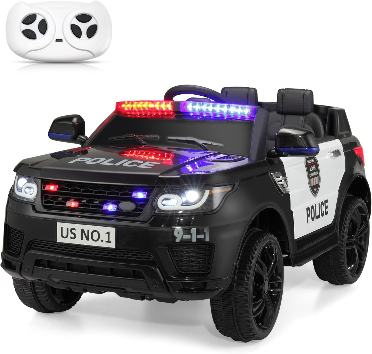 TOBBI 12V Police Ride-On Car for Kids 3-6: RC Battery-Powered Cop SUV w/ Siren, Flashing Lights, Music, Spring Suspension - Black