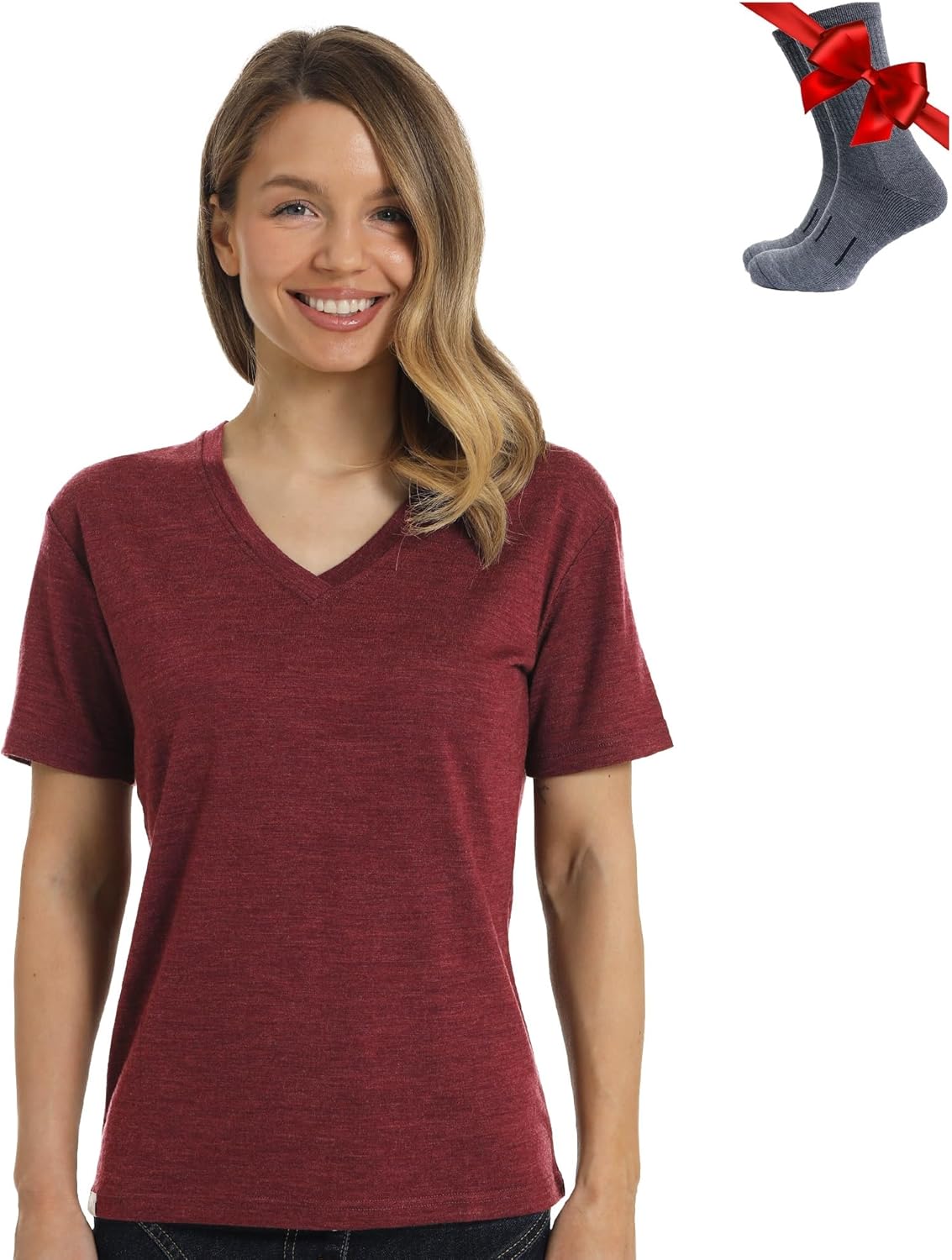 Merino Wool Sport Shirt for Women and Hiking Socks (Large, Burgundy V-Neck) - Image 2