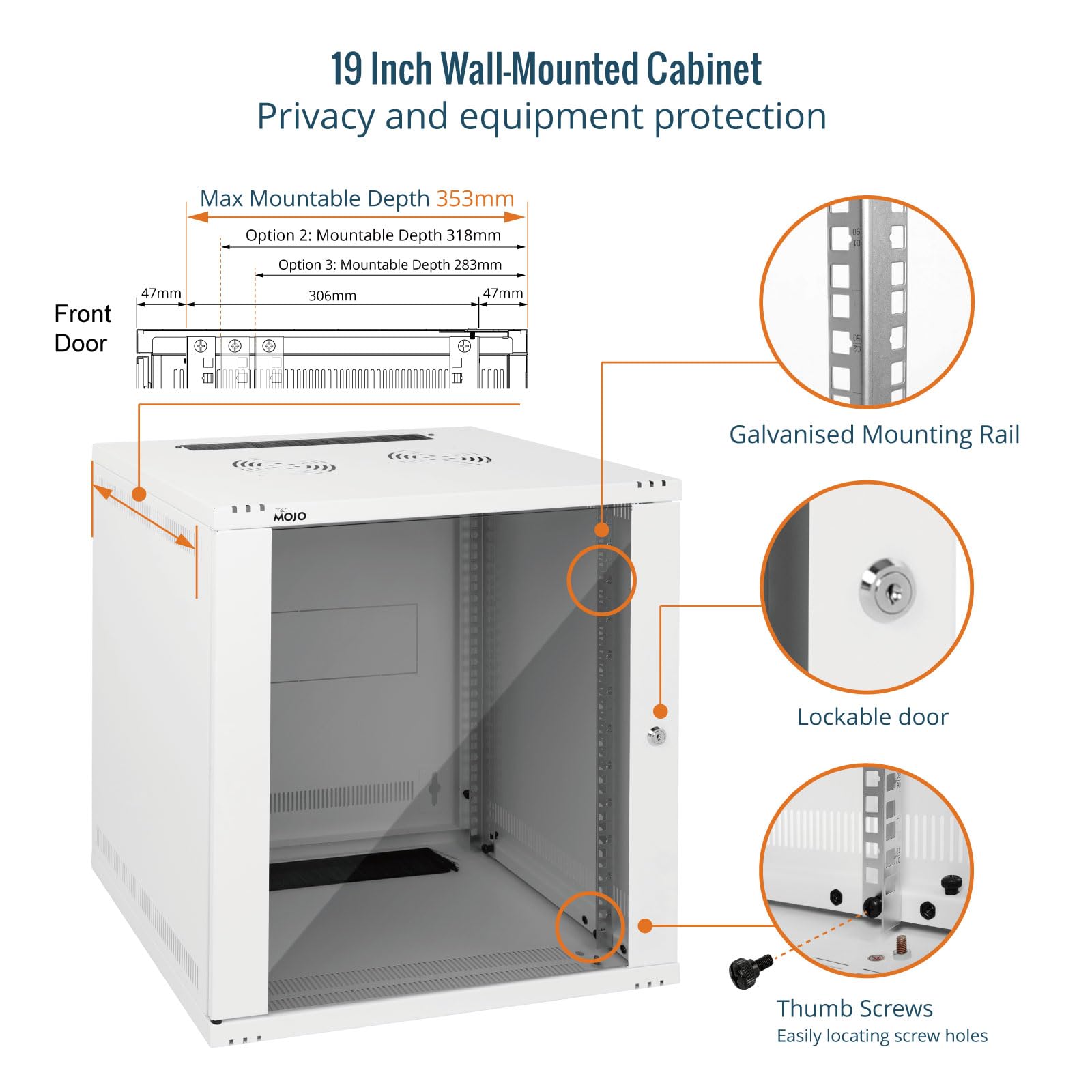 Tecmojo 19 Pouces 12U 400mm Armoire Serveur Murale, Armoire Réseau, Boîtier Rack Réseau Informatique 19", Porte Vitrée Verrouillable, Emballage à Plat, Blanc