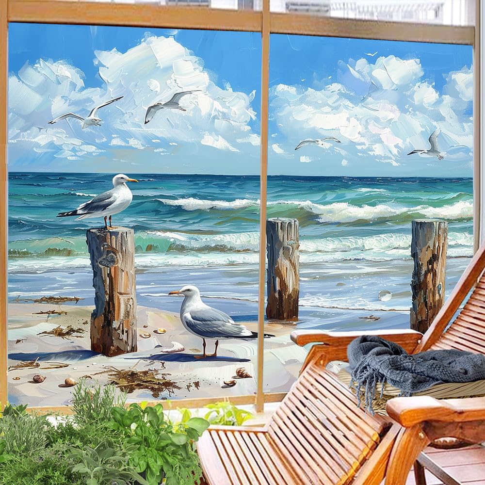 Fensterfolie im Vintage-Stil, Motiv: Ozeanwellen, Privatsphäre, bunt, blau, Strand, Möwen, Natur, dekorativ, gebeizt, statisch, Fensteraufkleber für Zuhause, 70 x 100 cm x 2 Stück