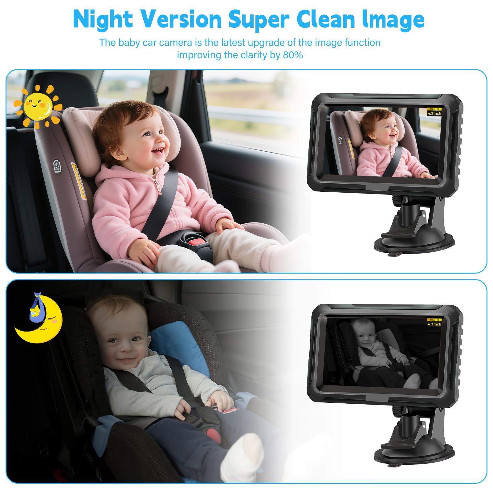 Kamera samochodowa dla niemowląt HD 1080p, lusterko samochodowe z wyświetlaczem 4,3", noktowizorem i szerokim kątem 150°, bezprzewodowa kamera na tylne siedzenie z monitorem, monitor bezpieczeństwa
