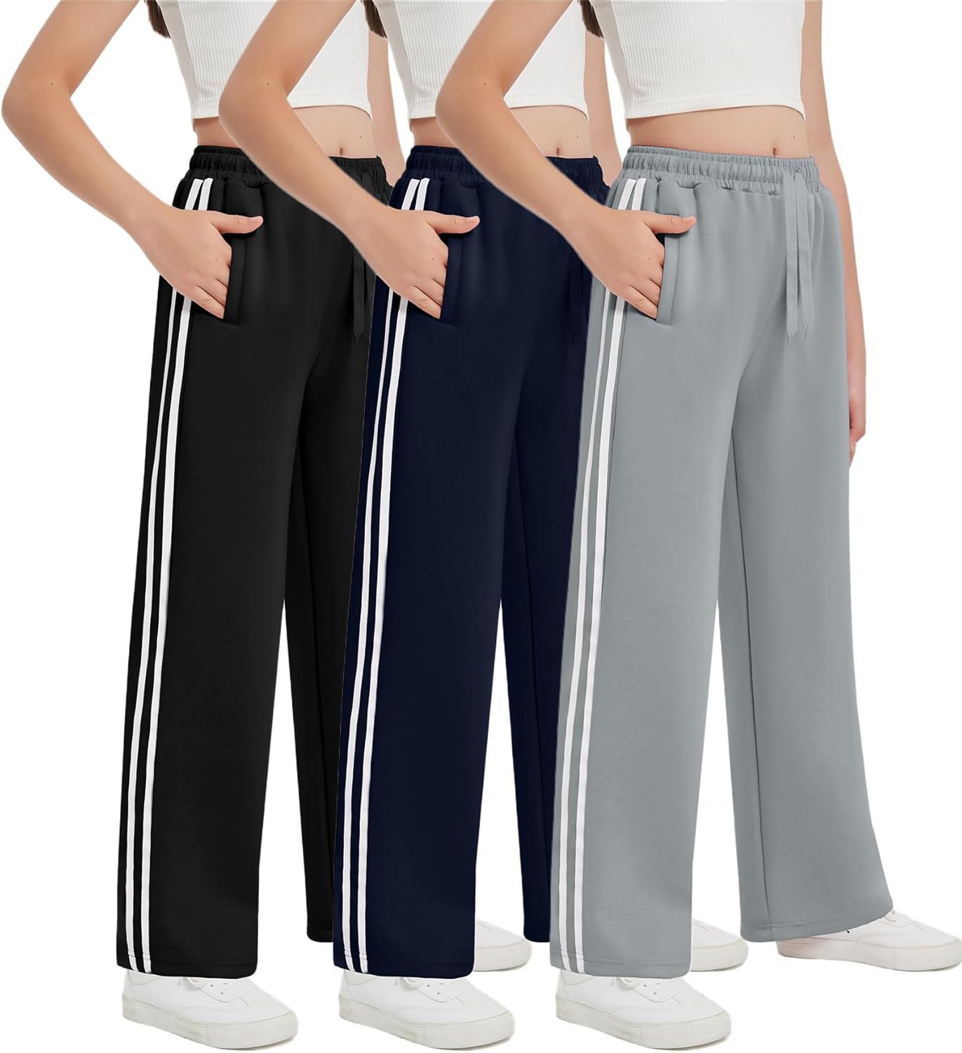 EXARUS Girls Sweatpants Wide Leg Baggy Teen Sweat Pants Cargo/Side Striped/Crossover V Waist Casual with Pockets 6-14Y