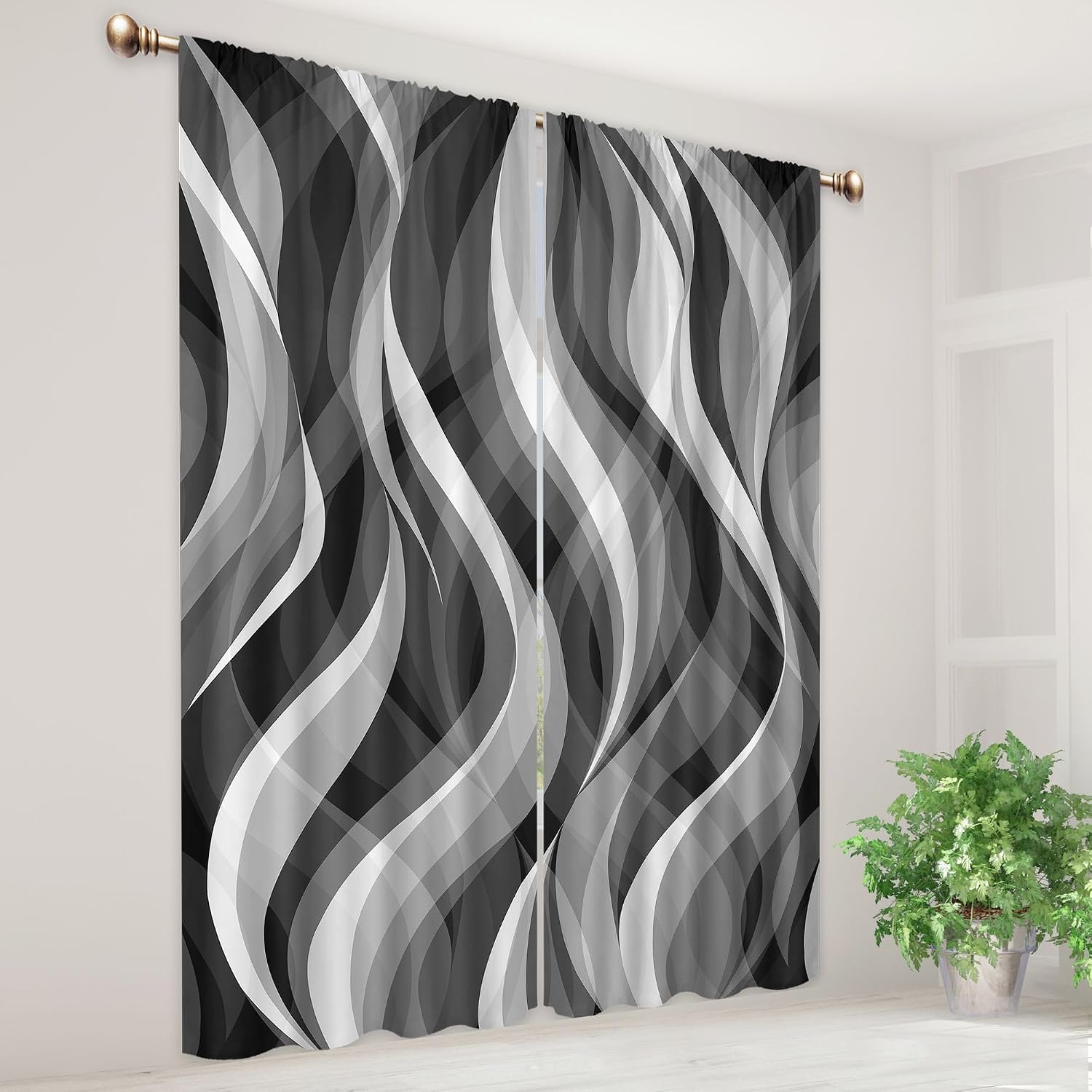 Abstract Black Curtains for Bedroom 52Wx84H Inch Rod Pocket Modern Ombre Gray and White Wavy Line Geometric Aesthetic Simple Waves Art Mens 2 Panel Window Treatment Set for Living Room Decor
