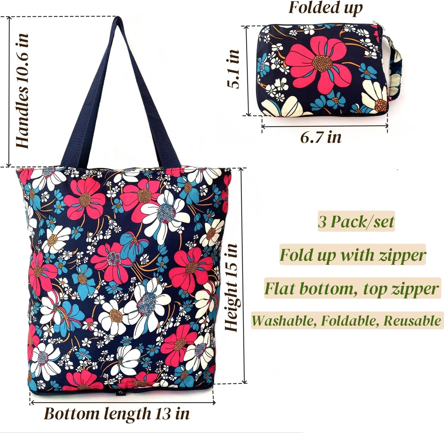 3 Pack Reusable Grocery Bags Foldable Washable Shopping Tote Bag with Top Zipper in Floral Pattern Heavy Duty Long Handles - Image 4
