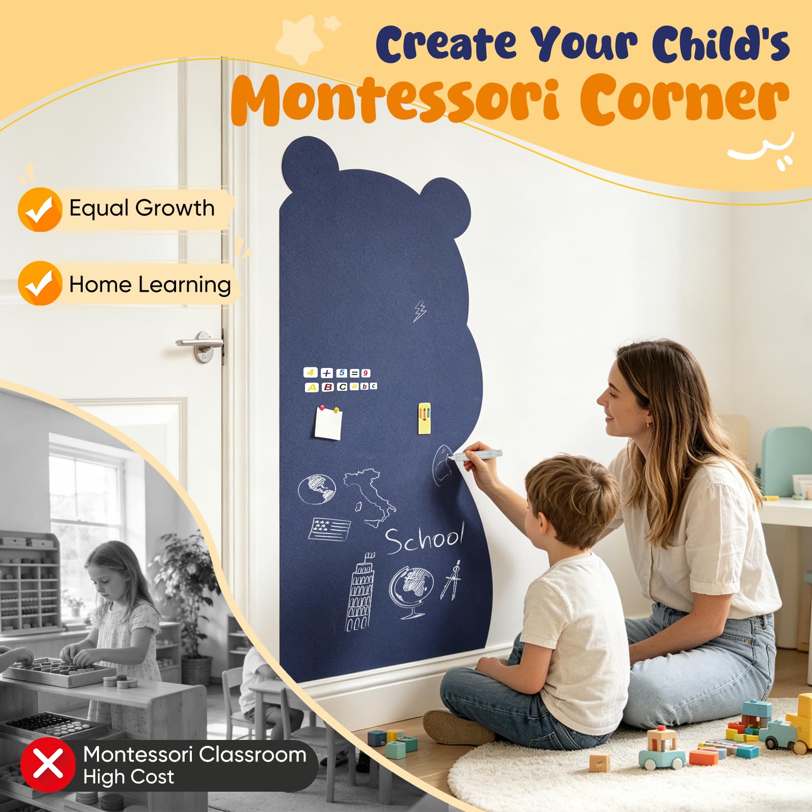 Tableau Magnétique Enfant Forme d’Ourson, Tableau Mural Adhésif 115 x 55 cm avec Craies Hydrosolubles, Aimants Lettres et Chiffres, Pour Surfaces Lisses, Cadeau pour Filles et Garçon (Bleu)
