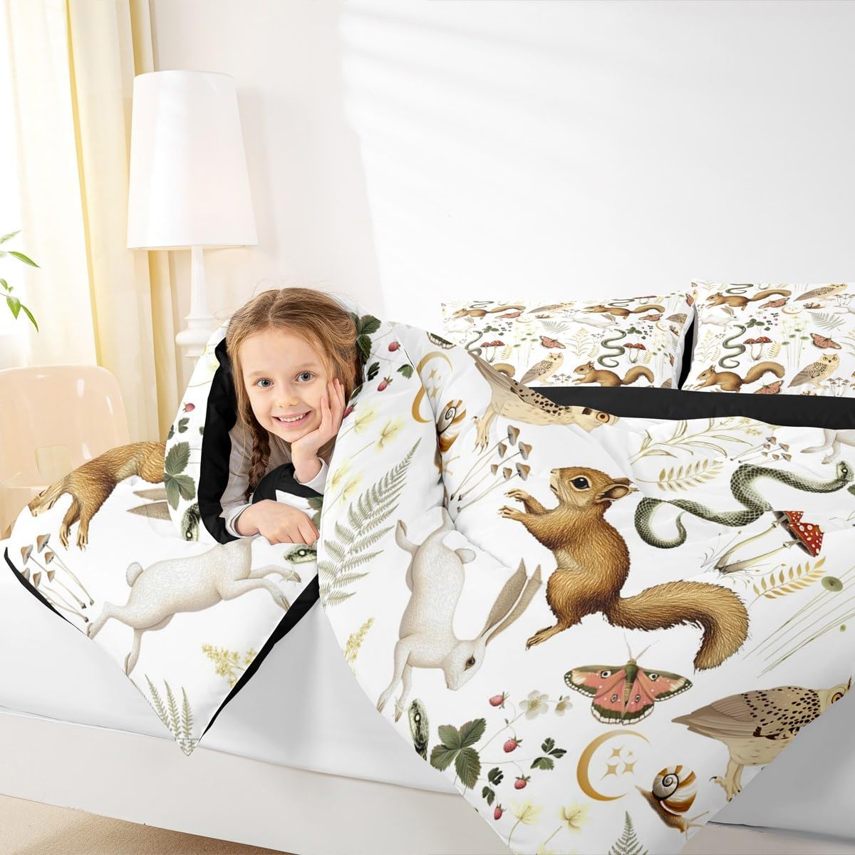 Feelyou Animal Comforter Set All Season Squirrels Rabbits Owls Snakes Bedding Set with 1 Pillow Cases Flowers Microfiber Kids Twin Bedclothes Bedroom Decor Duvet Quilt Breathable Soft Lightweight