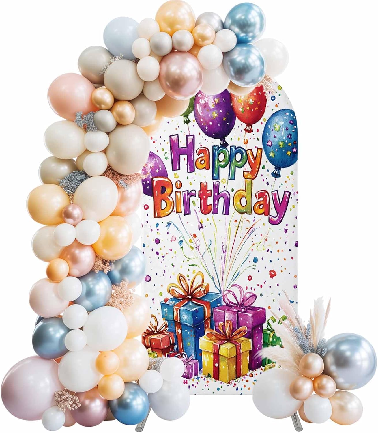 Happy Birthday Colorful Present Arch Backdrop Cover,Spandex Fitted Arch Stands Display Watercolor Balloon Party Stretchy Arches Backdrop Covers Decorations for Wedding Birthday Shower Party,5ft