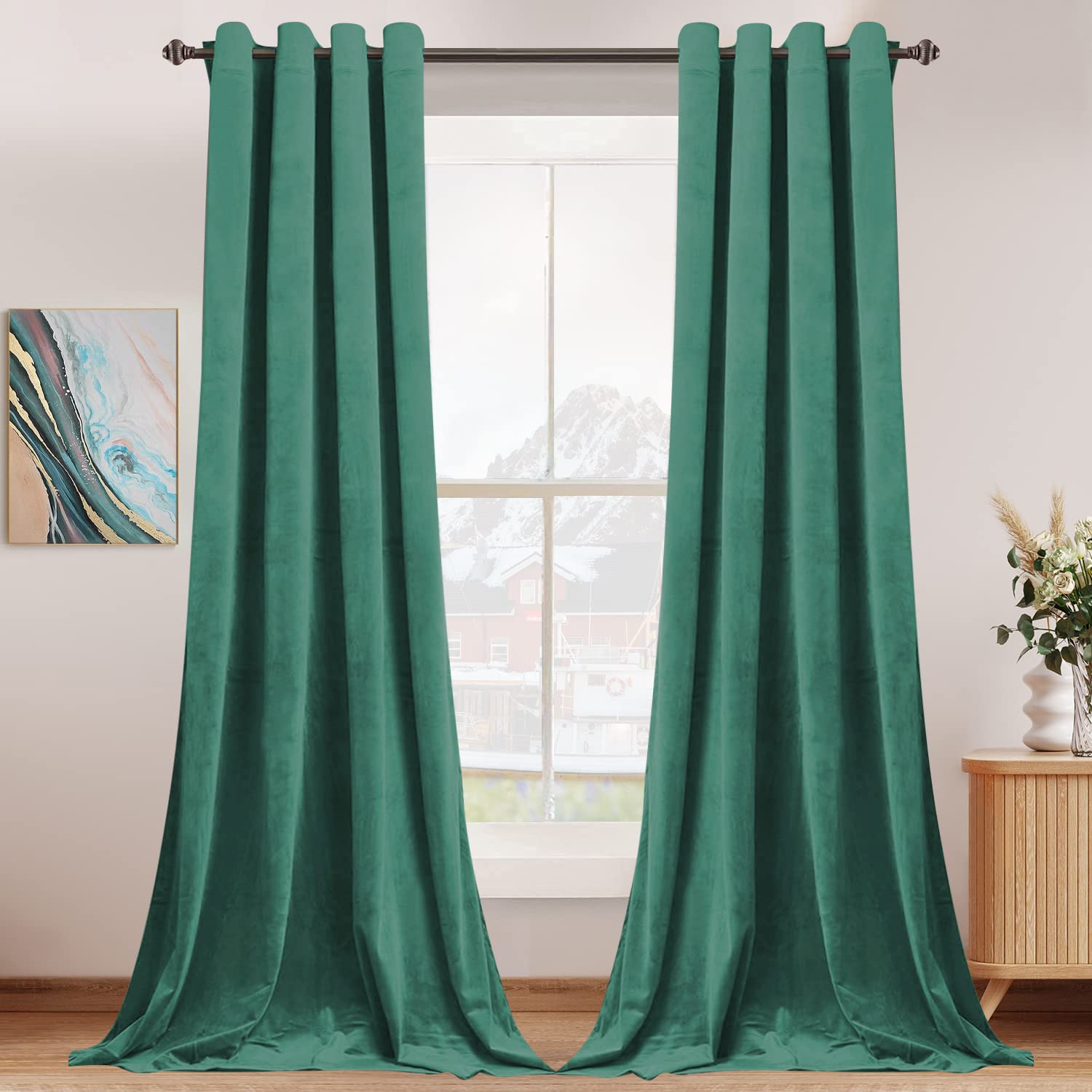 SNITIE Emerald Green 96in Long Velvet Curtains with Grommet, Super Soft Noise Reducing Thick Light Filtering Velvet Drapes for Living Room and Bedroom, Set of 2 Panels, 52x96In Long