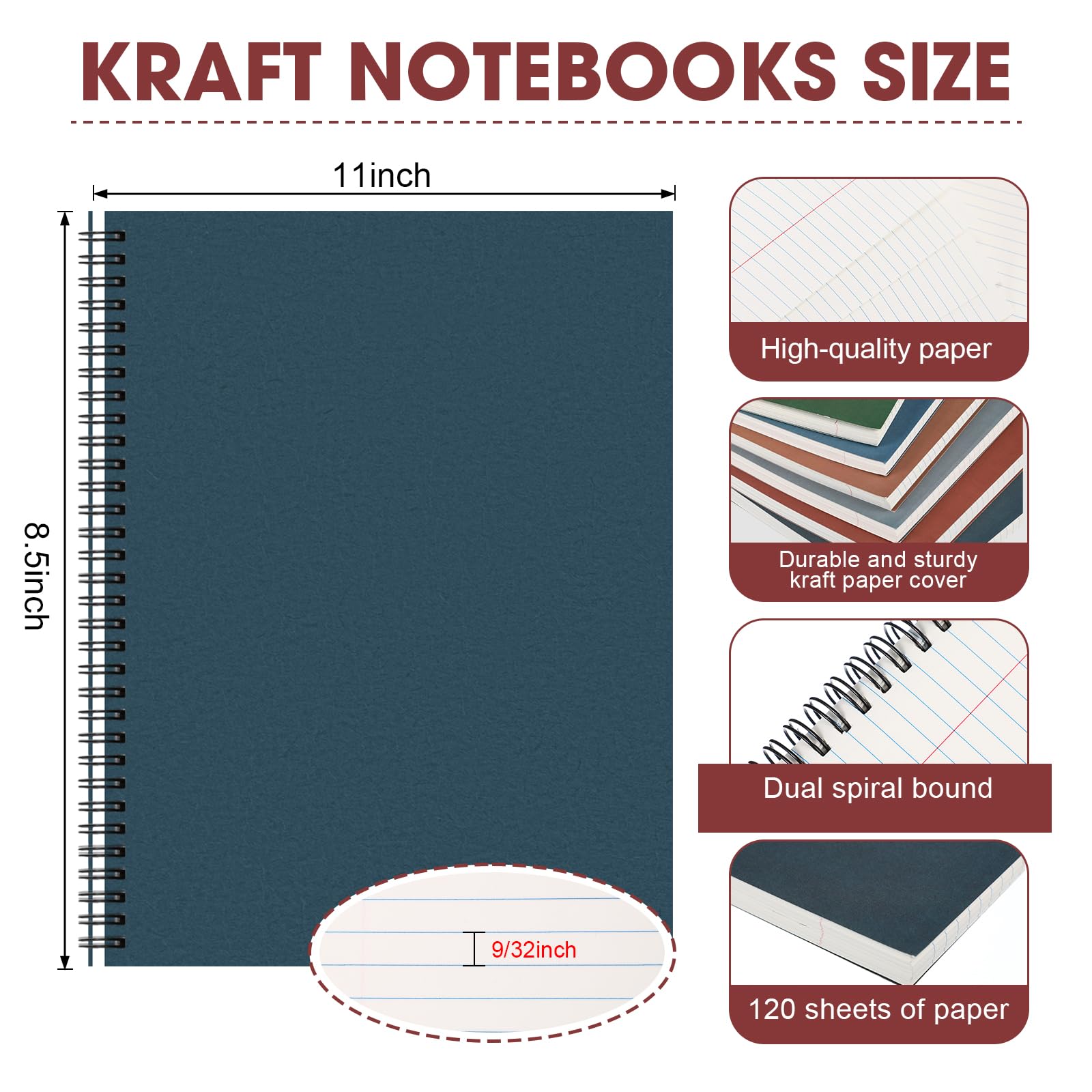 Glenmal 6 Pcs Spiral Notebook for Work A4 8.5 x 11'' College Ruled Spiral Journal Notebook Kraft Cover Ruled Paper, 120 Sheets 240 Pages for Office Study Supplies (Business Colors)