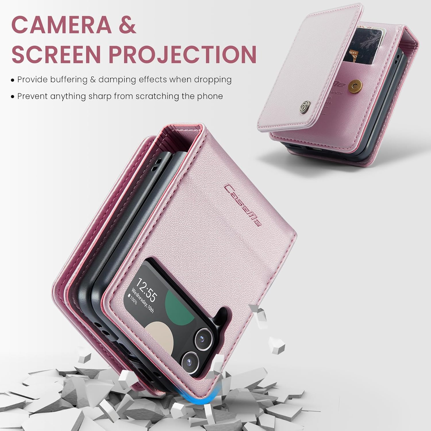 for Samsung Galaxy Z Flip 3 Wallet Case with RFID Blocking and 4 Credit Card Holder, Premium Durable Leather Magnetic Clasp Kickstand Heavy Duty Shockproof Protective Cover.- Pink