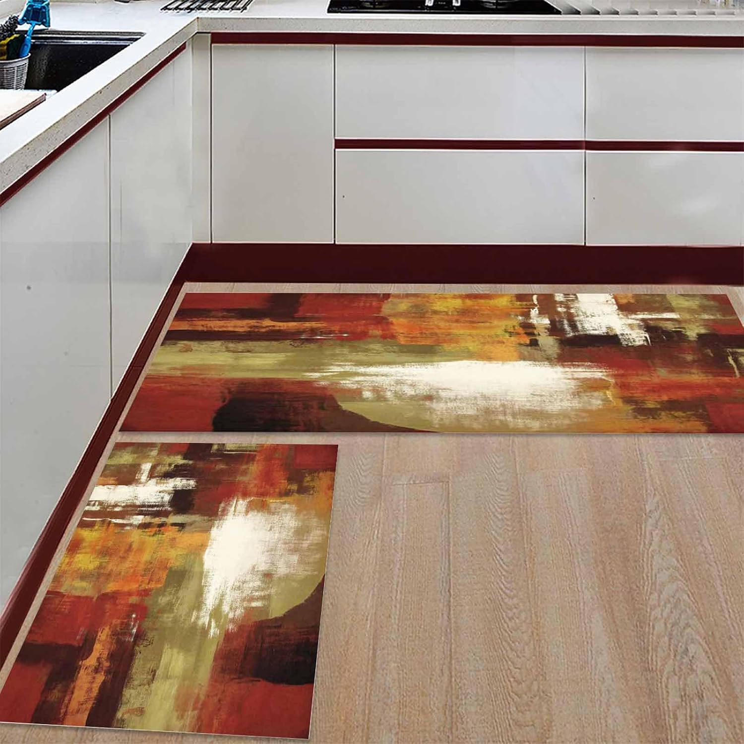 Burnt Orange Kitchen Rugs Set of 2, Fall Modern Oil Painting Abstract Art Green Brown Washable Bath Shower Door Runner Area Rug Mat for Bedroom Bathroom Living Room 16"x 24"+ 16"x 47"