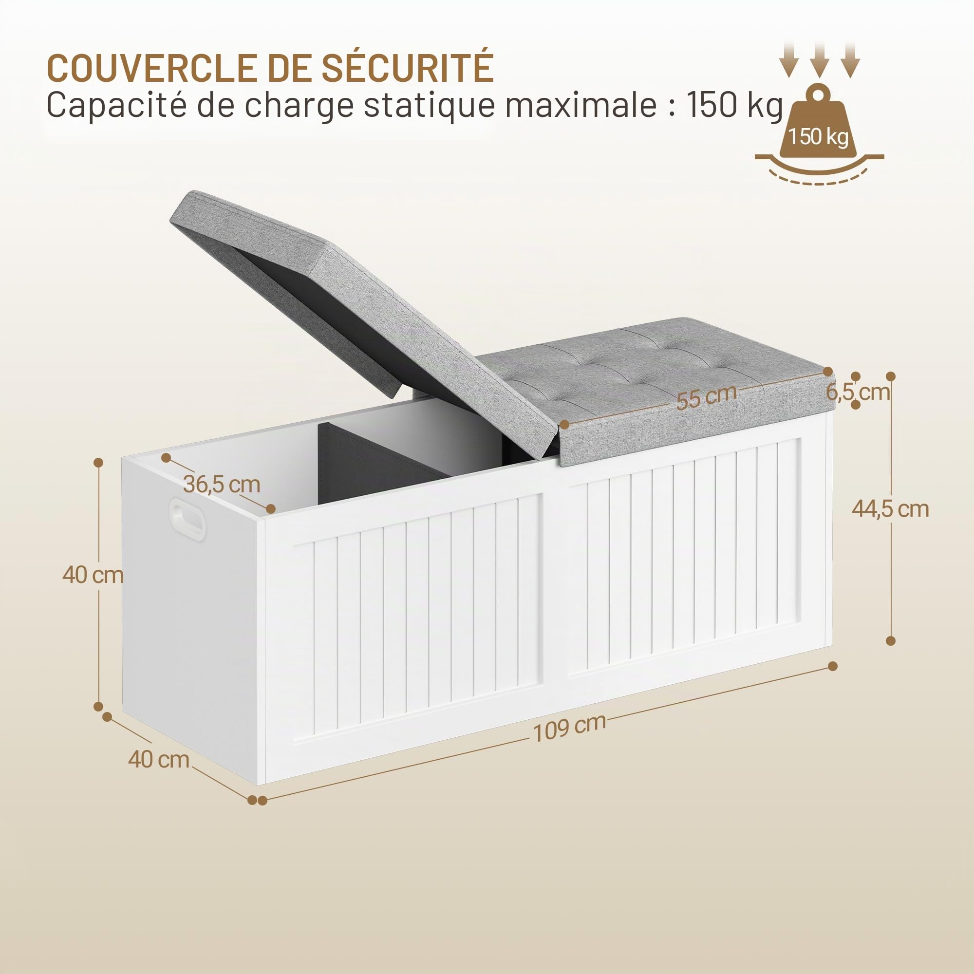 Hzuaneri Coffre de Rangement, 109cm, Coussin en Lin, Blanc-Gris