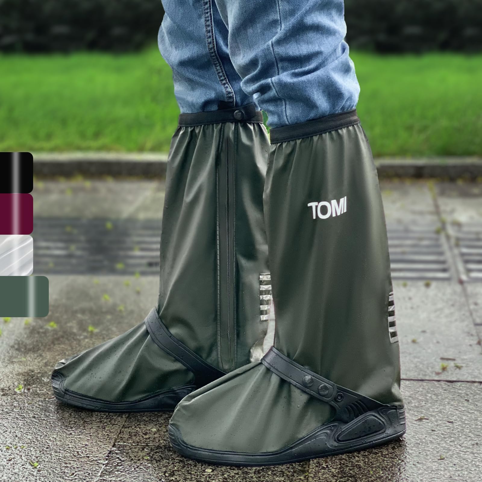 Waterproof Shoe Covers For Rain，Rain Boot Covers With Zipper,Galoshes Shoe Ponchos,Reusable &amp; Foldable,Non-Slip PVC Snow Boot Covers for Men and Women (Dark green, Large)