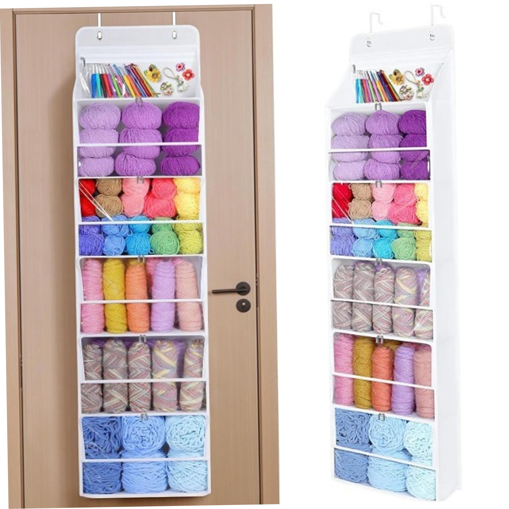 Nassmosse White Hanging Yarn Storage Organizer, Large Capacity Yarn Storage Bag With 6 Clear Zipper Closure Compartments Pockets, Dustproof Crochet Bag For Crafters