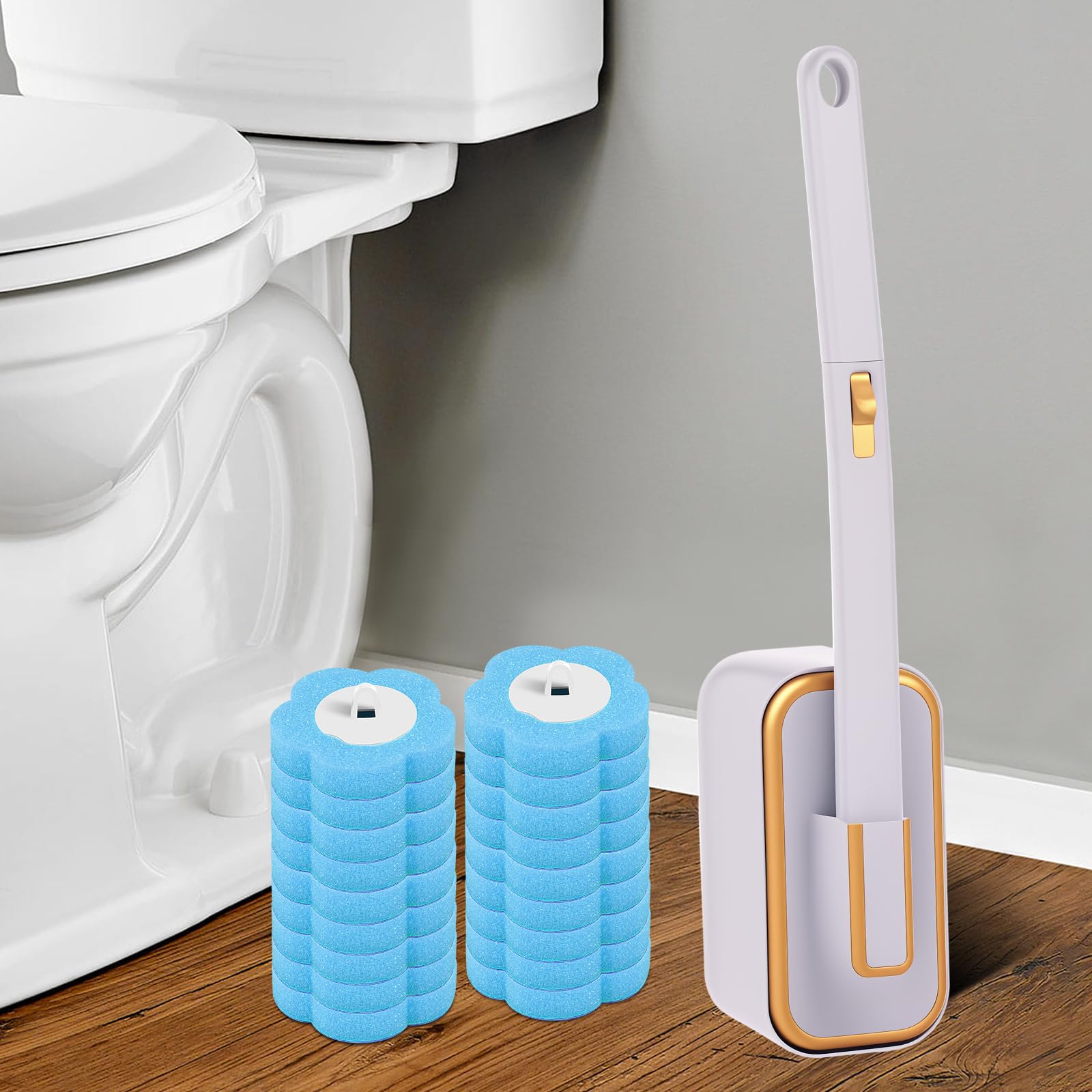 Einweg-WC-Bürsten-Set mit 18 Ersatzköpfen, einfache Installation, langer Griff, Toilettenschüssel-Reinigungssystem für mühelose Badezimmerreinigung (blau)