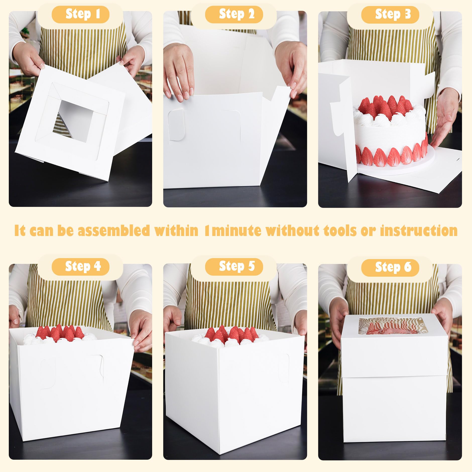 Cajas para tartas de 10 x 10 x 10 pulgadas con tablas para tartas, paquete de 10 cajas altas de alta calidad con ventana de exhibición, contenedor desechable para tartas para Navidad