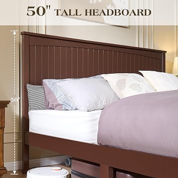 LUXOAK Full Solid Wood Bed Frame with 50 Headboard & 2 Drawers, Brown