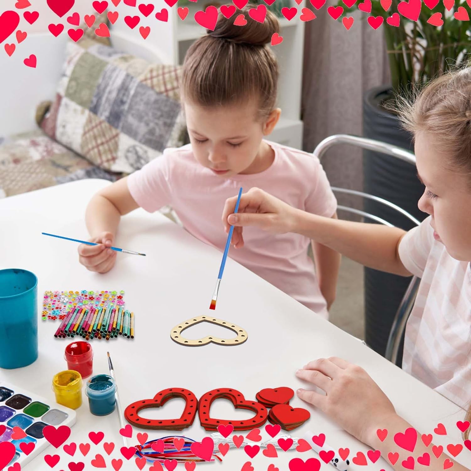 Fennoral 27 Pack Heart Wind Chime Kit for Kids Make You Own Red Heart Valentine's Day Craft DIY Coloring Wooden Ornaments for Kids Art and Craft Valentine's Day Gifts Party Decoration
