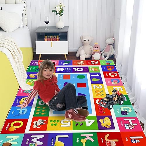 Miniatura 3 de ABC Kids Play Rug - Alfombra educativa con forma del alfabeto de números para aprendizaje de frutas, alfombra grande antideslizante para habitación