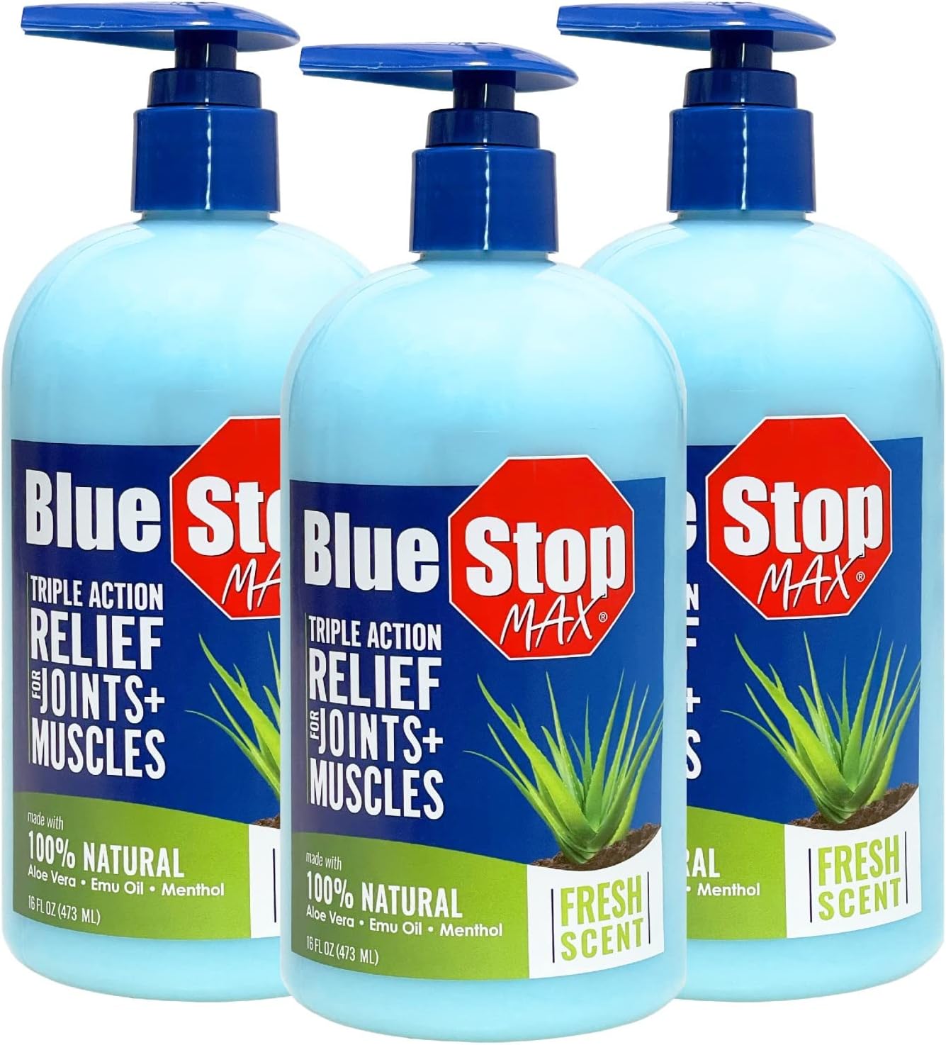 Blue Stop MaxMuscle & Joint Relief Gel: Fast-Acting Sore Muscle, Back & Neck Relief Cream, Numbing Emu Oil Formula for Ankle, Leg Cramps, Tennis Elbow - 16 Oz Pump Bottle, 3 Pack