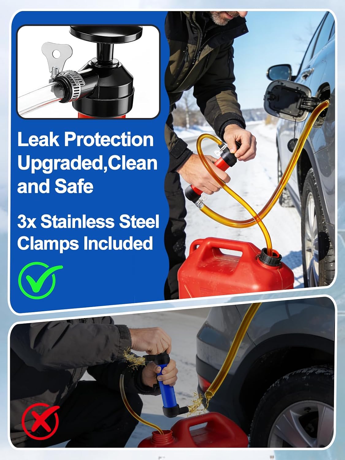 Hand Fuel Transfer Pump with Leakproof Clamps - Versatile Manual Siphon for Gasoline, Oil, Diesel, Antifreeze, Emergency Use for Car/Lawn Mower/Motorcycle/RV, Includes 3/4" NPT Brass Connector