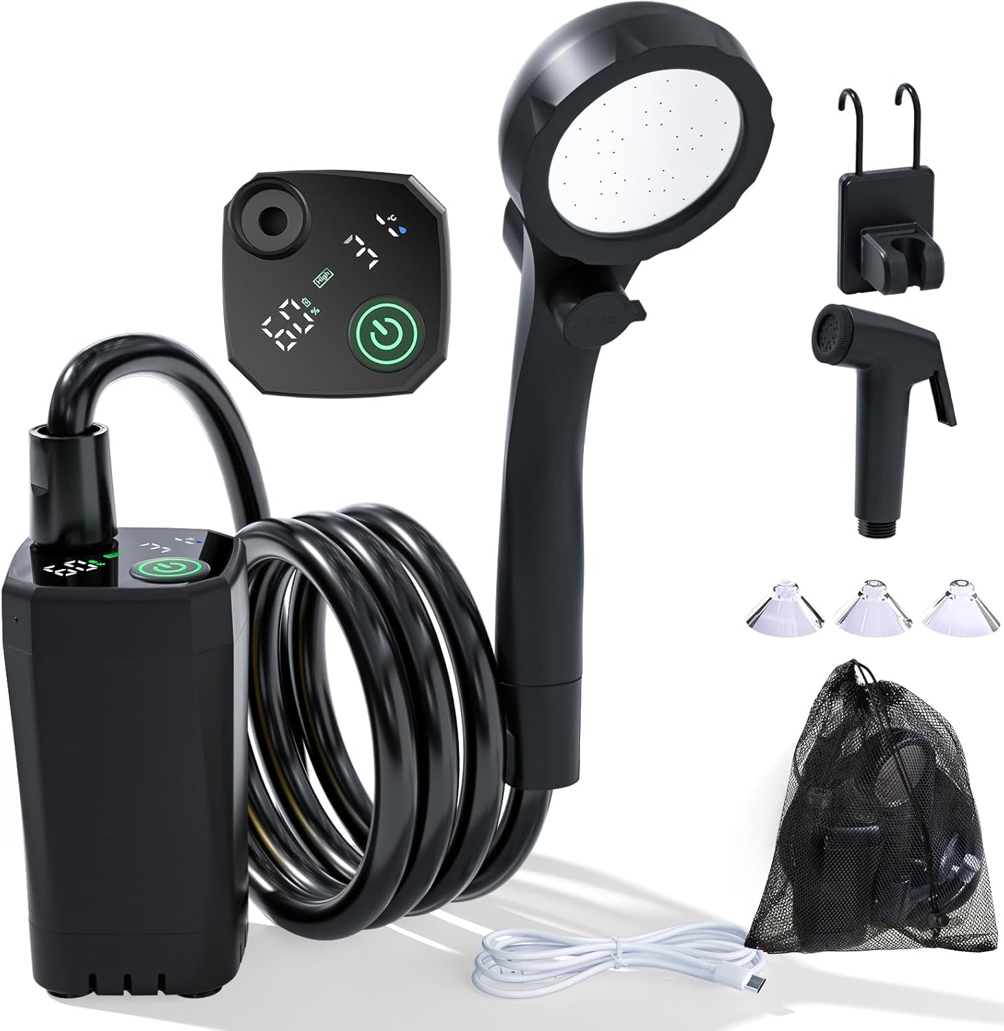 Portable Shower for Camping, 6000mAh Rechargeable Camping Shower Pump with Power & Temperature Display, Shower Head and Bidet Sprayer,Outdoor Shower Pump for Hiking, Travel, Pet