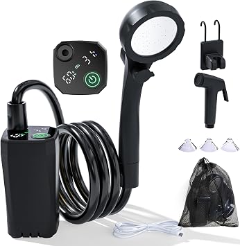 Clirass Portable Shower for Camping, 6000mAh Rechargeable Camping Shower Pump with Power & Temperature Display, Shower Head and Bidet Sprayer,Outdoor Shower Pump for Hiking, Travel, Pet
