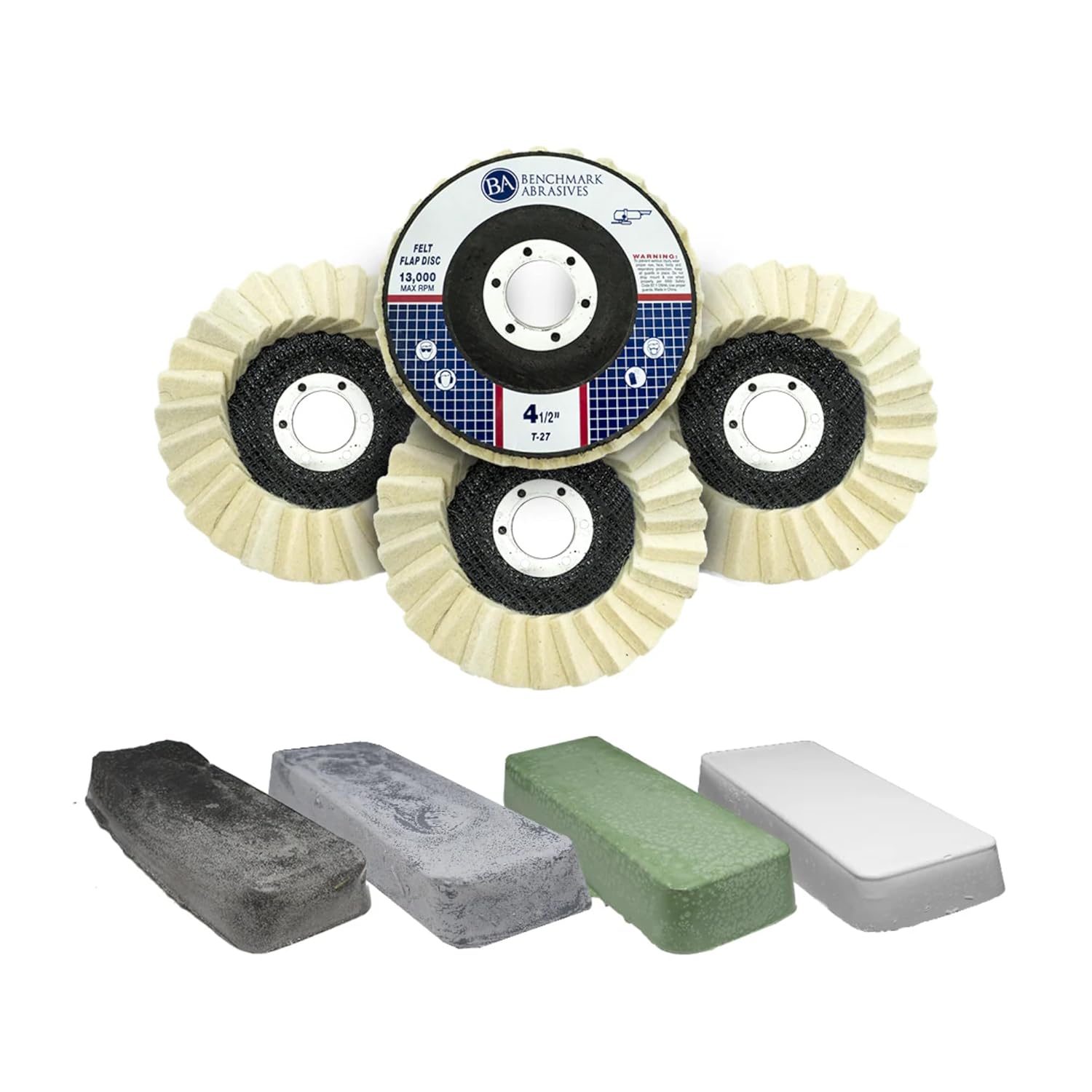 Benchmark Abrasives 4-Step Buffing Kit with Buffing Compound & Buffing Wheels for Steel Iron Stainless Hard Metals, Polishing Kit for Drill