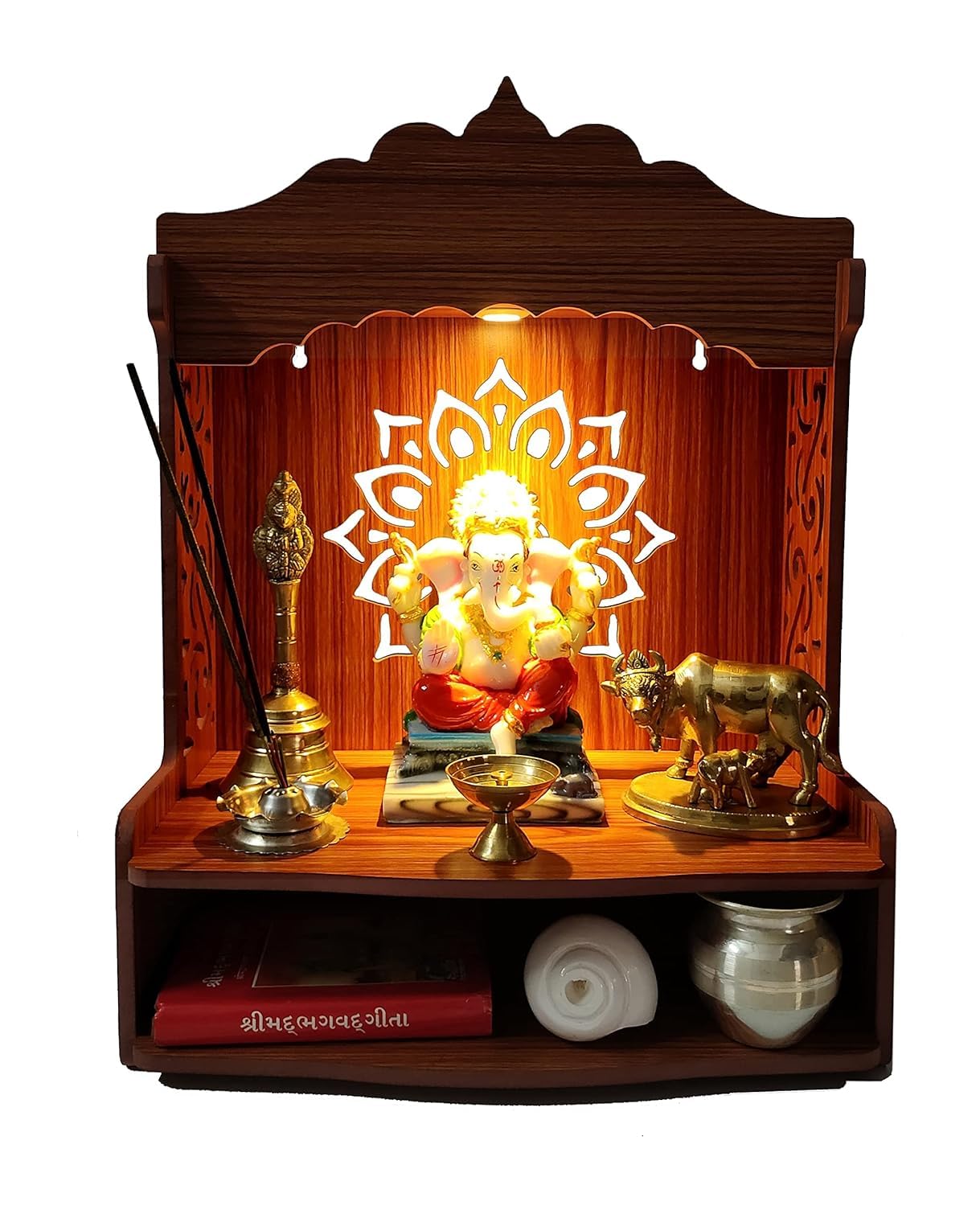 Wooden Mendir Wall Temple with LED Spot Light - Pooja Ghar Home Temple for Diwali - 33D x 20W x 44H cm