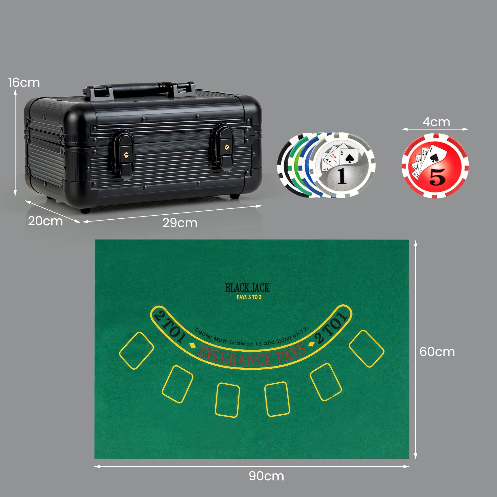 DREAMADE Pokerkoffer mit 300 Pokerchips & Spielmatte & Dealer-Button & 2 Kartendecks, Komplett Poker Set, Pokerset Profi Texas Hold'em (300 Chips)