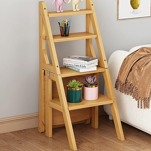 Miniatura 6 de Silla plegable de madera para biblioteca, 2 en 1, taburete ligero portátil multifuncional, taburete de 4 escalones de doble propósito, soporte de