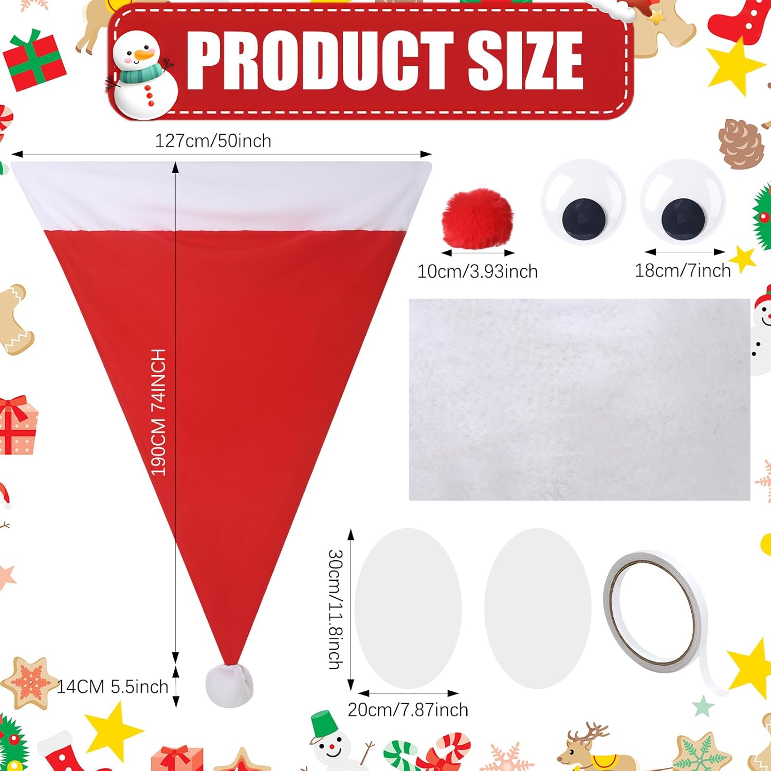 Timtin 6 Set 8 Pcs Christmas Golf Cart Decoration Kit Christmas Golf Cart Accessories Large Santa Hat Car Cover Extra Large Movable Eyes Snow Cotton Red Balls with Card Tape for Truck Handcart