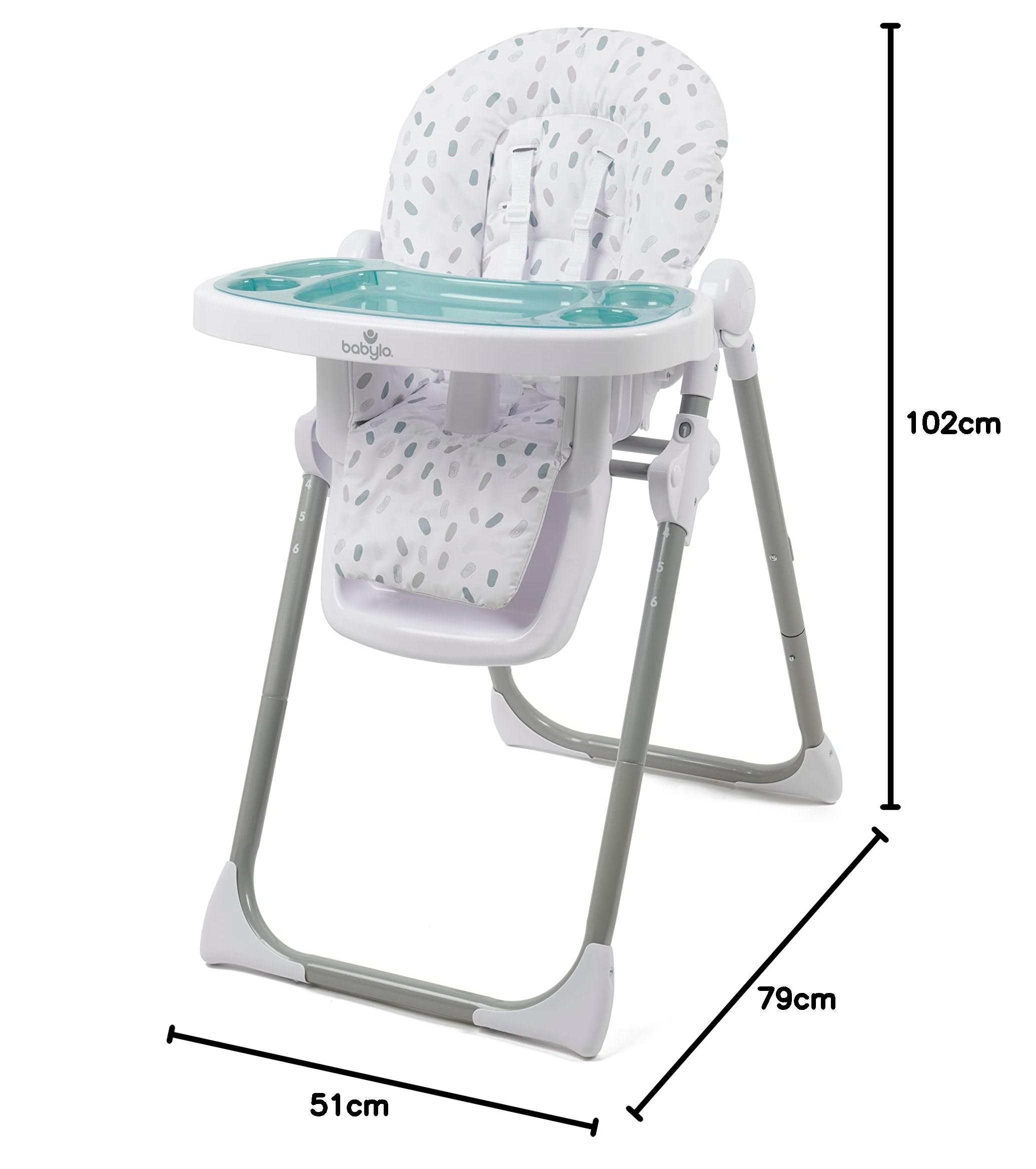 Babylo Hi Lo Chaise haute et chaise junior, 6 hauteurs, 3 positions d'inclinaison, plateau amovible à 2 couches et harnais de sécurité à 5 points de 6 mois à 15 kg