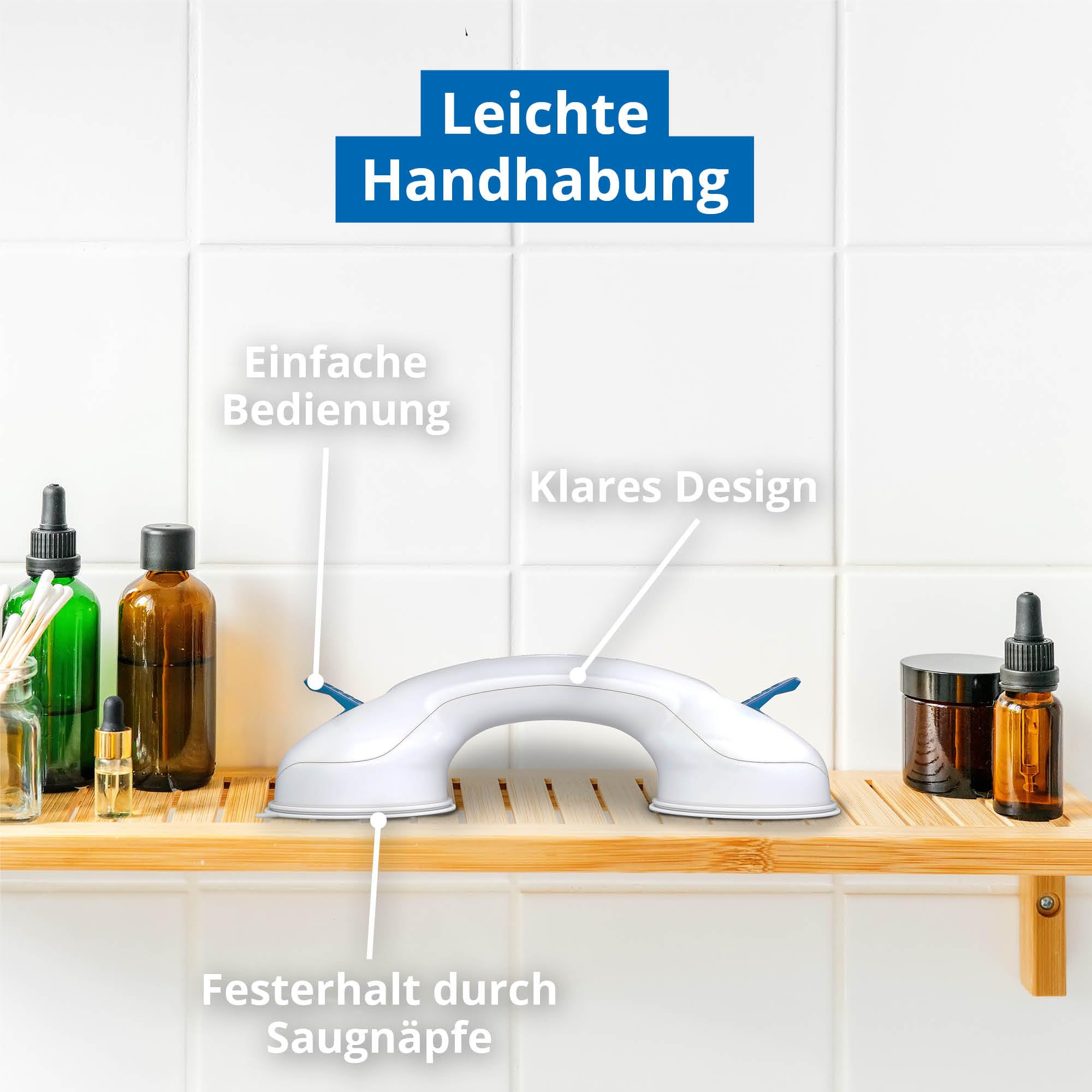 WEINBERGER leichter, starker mobiler Halte-Griff für jede Gelegenheit/mit Saugnäpfen/hält auf glatten(!) Oberflächen/für das Bad, Badewanne oder Dusche/perfekt zum Mitnehmen/Farbe: Weiß/Modell: 48711